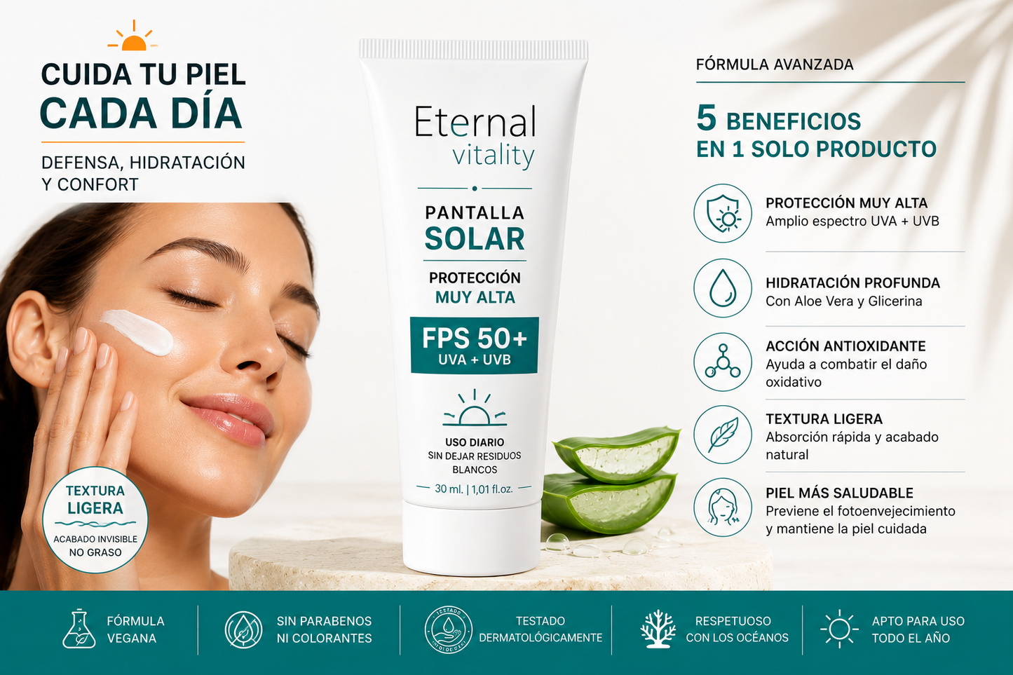 Protector Solar Facial FPS 50+ 30 ml Eternal Vitality Pack 2 Pantallas de 30ml