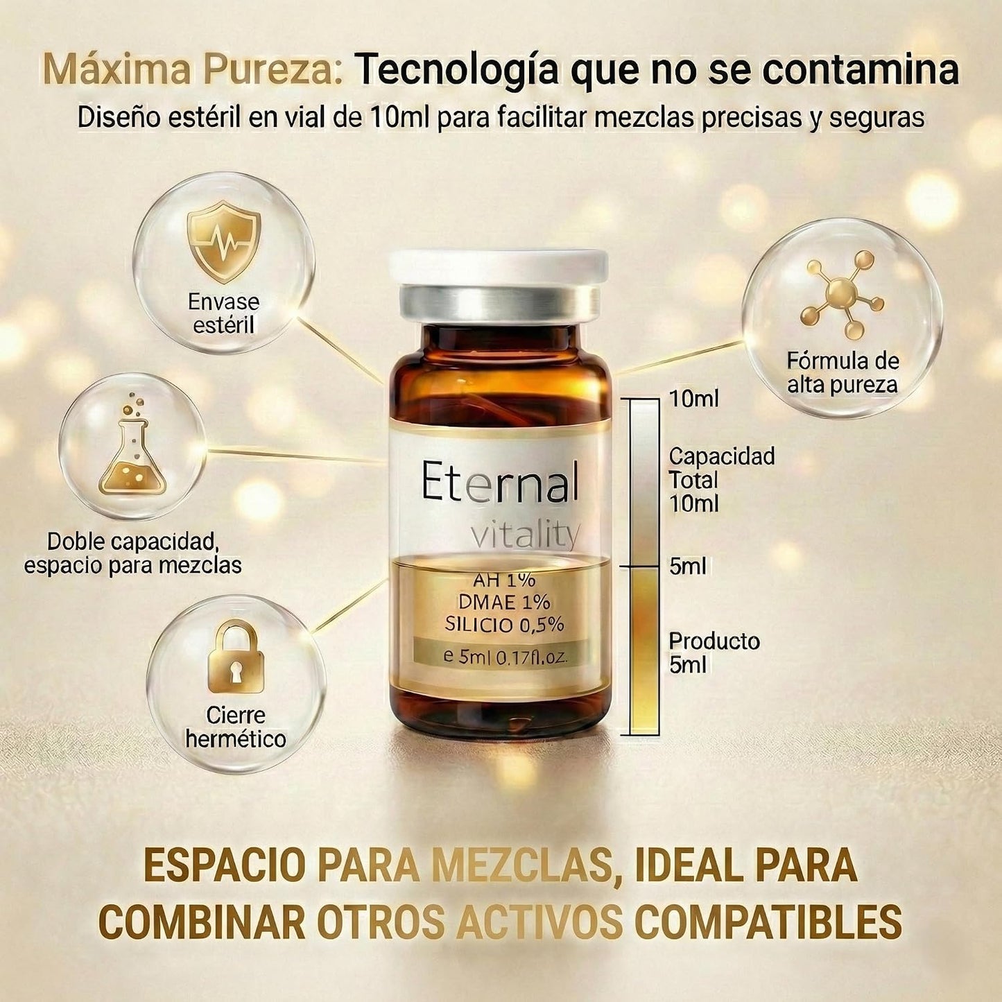 Vial Facial con Ácido Hialurónico 1 %, DMAE y Silicio – Hidratación y Tonicidad, 5 ml