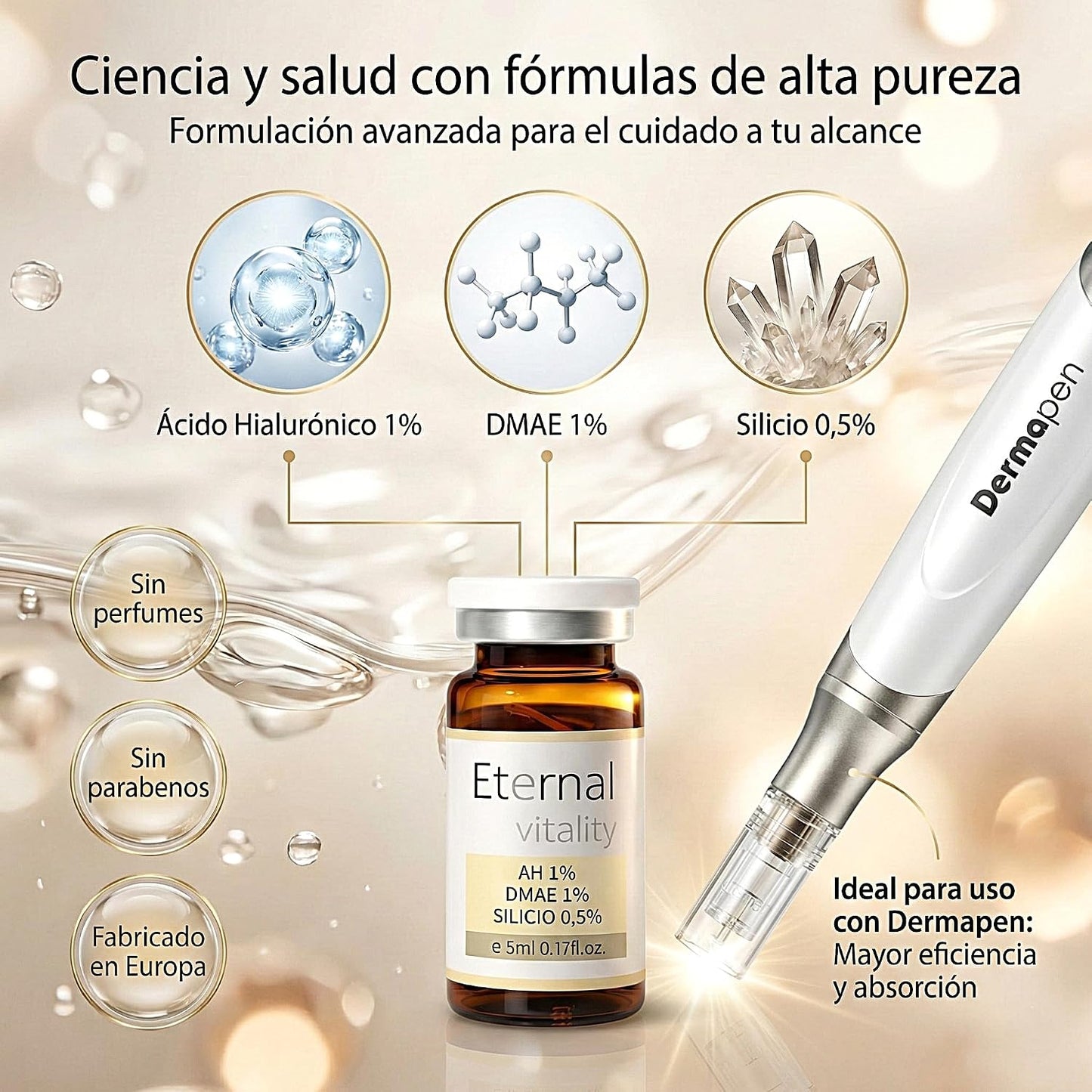 Vial Facial con Ácido Hialurónico 1 %, DMAE y Silicio – Hidratación y Tonicidad, 5 ml